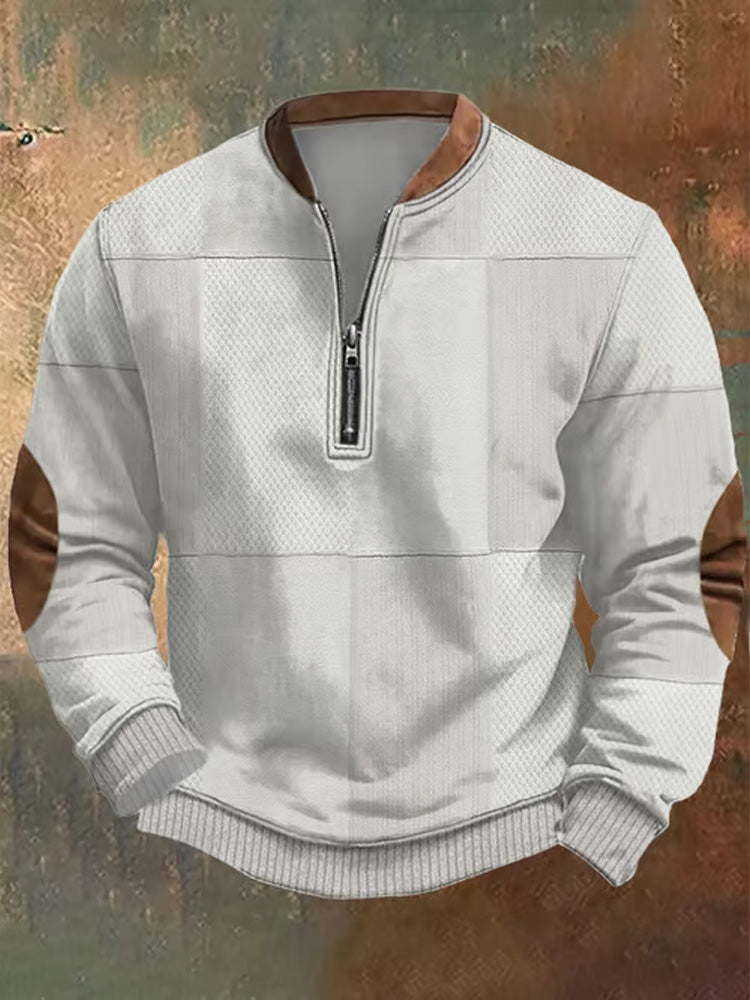 Men's Retro Western Textured Print Zip Collar Sweatshirt artswardrobe