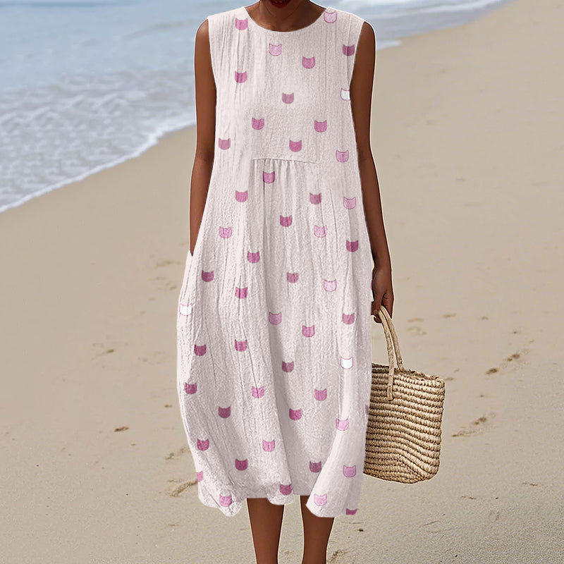 Cute Little Kitty Pattern Cozy Linen Tank Dress