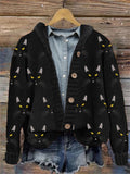Black Cat Faces Embroidered Pattern Cozy Knit Hooded Cardigan elevenforest