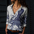 Comstylish Japanese Art Octopus Print Long Sleeve Casual Shirt