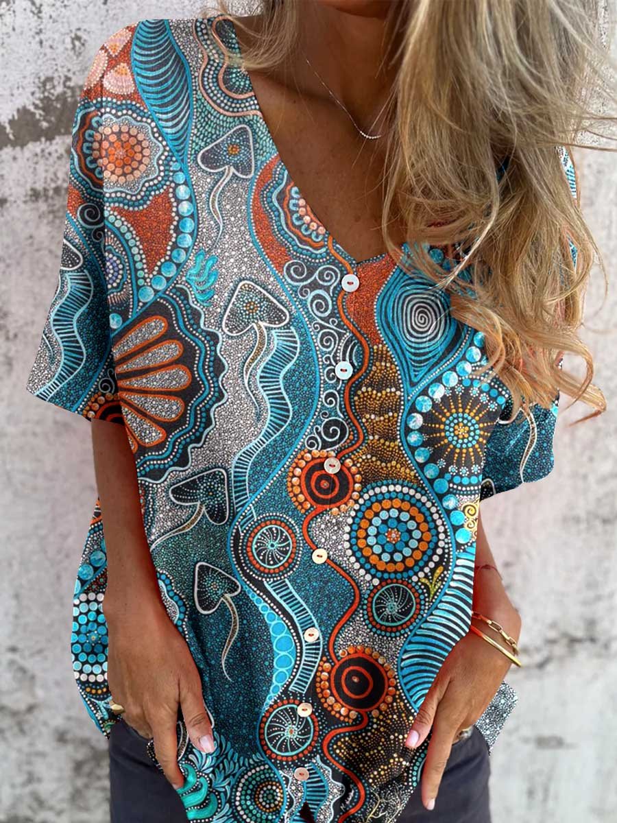 Women's Abstract Art Floral Shirt Style Cotton and Linen Top