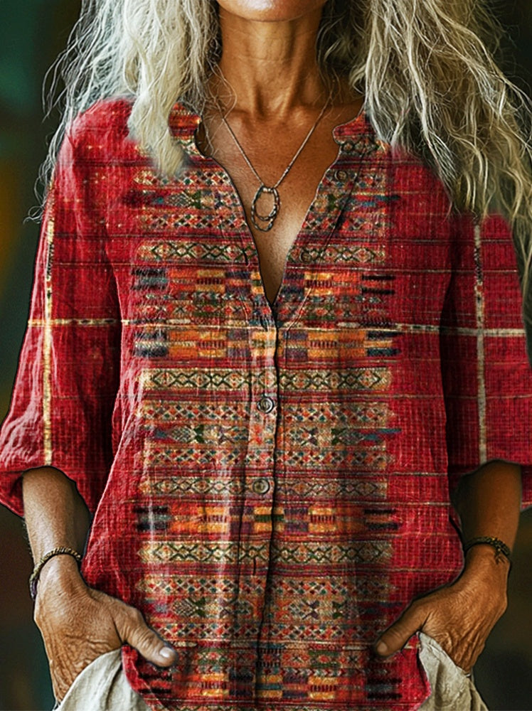 Women's Retro Ethnic Totem Art Print Casual Cotton Linen Shirt
