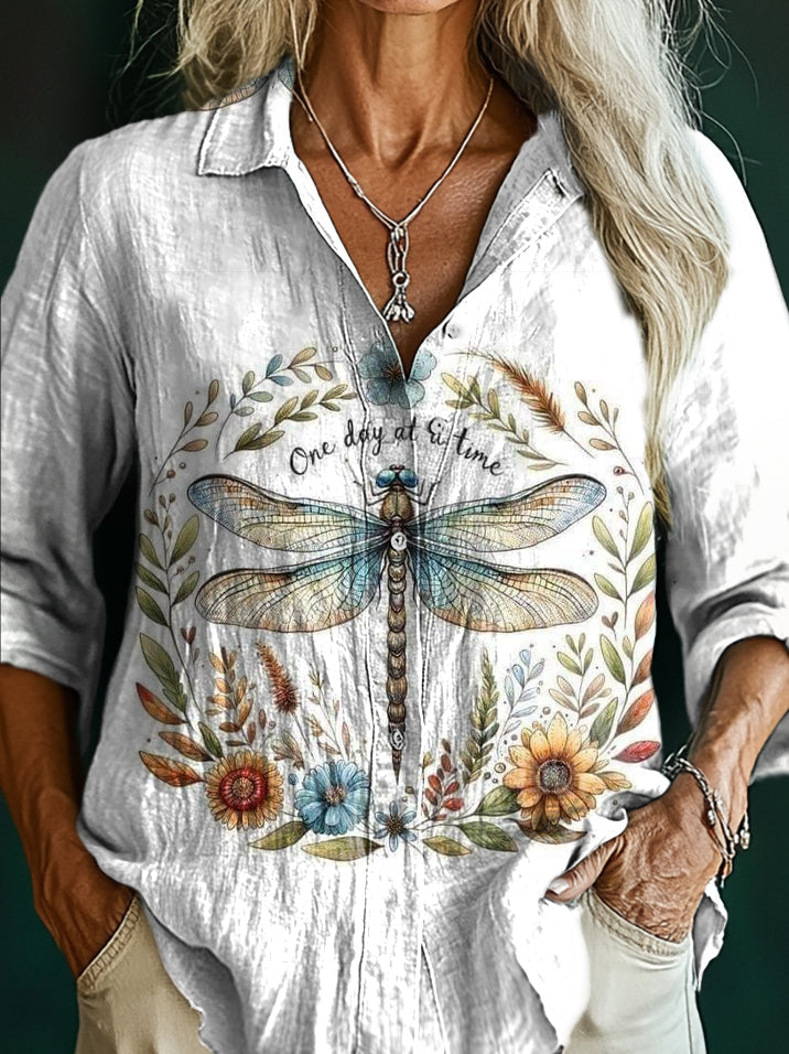 Women's Dragonfly Floral Art Print Casual Cotton Shirt