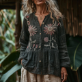 Bohemian Style Linen Floral Art Print Long Sleeve Loose  Shirt artswardrobe