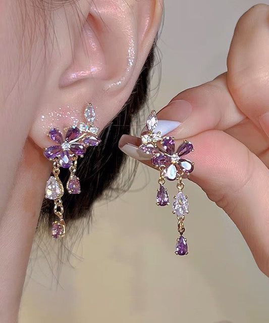 Diy Purple Sterling Silver Zircon Tassel Drop Earrings