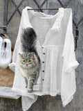 Cute Cat Art Pattern Linen Blend Cozy Shirt elevenforest