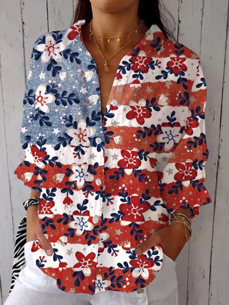 Comstylish Women's Casual Cotton And Linen Floral Independence Day Shirt