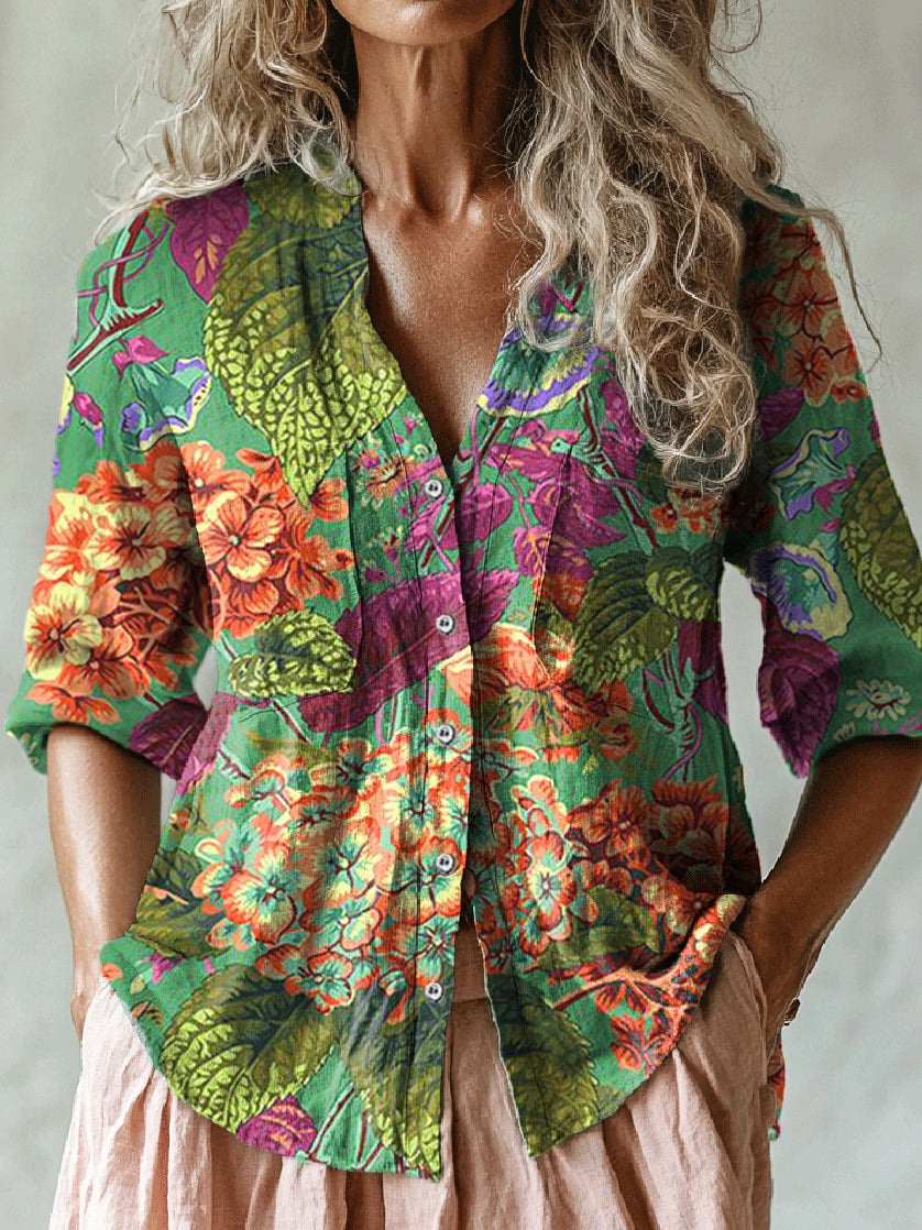 Women's Retro Flowers Print Casual Long Sleeve Comfortable Cotton Shir