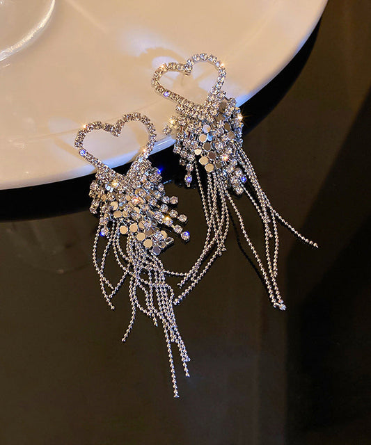 Silk Sterling Silver Zircon Love Tassel Drop Earrings