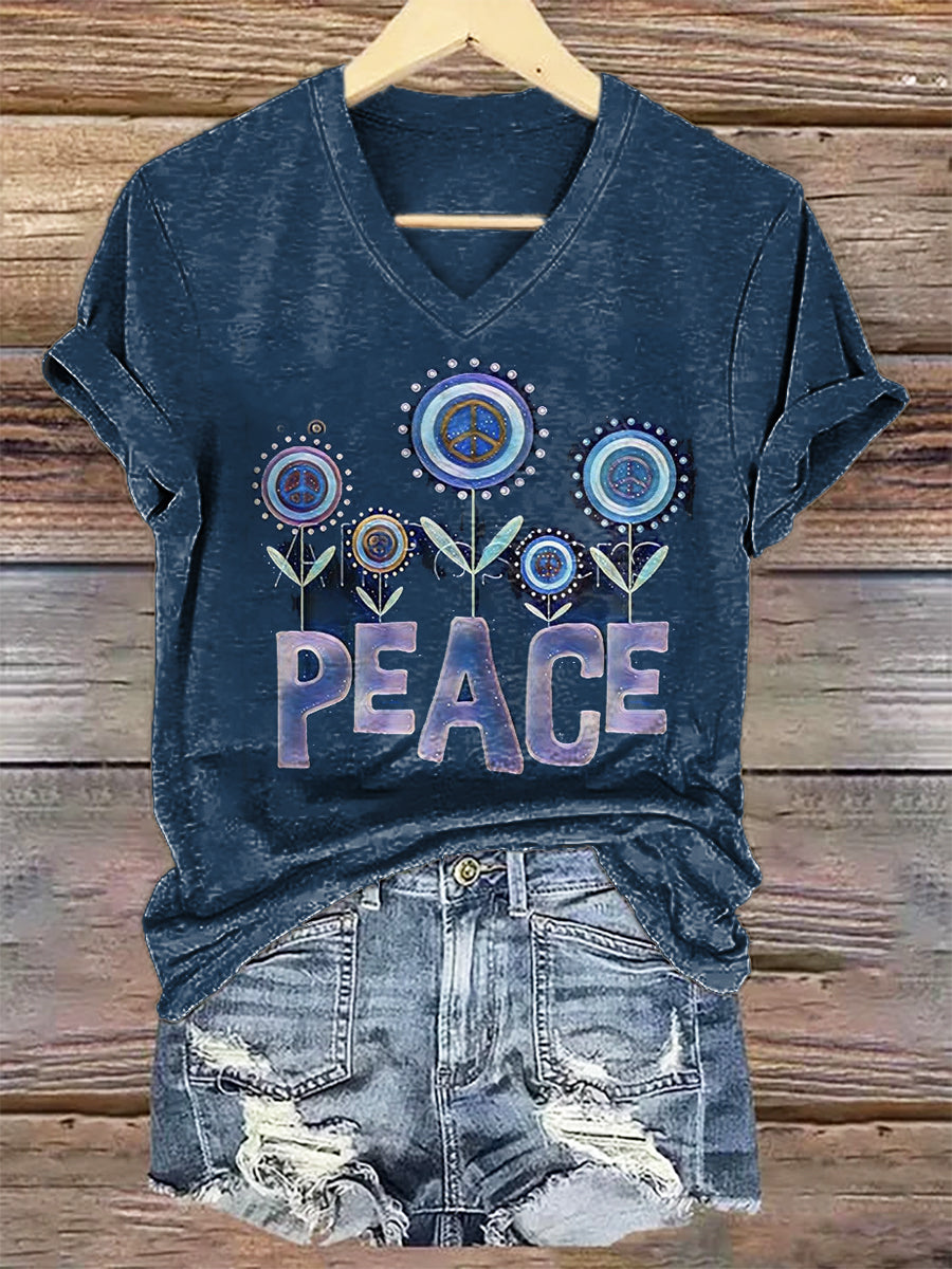Women's Hippie Peace Art Print V-neck Casual T-Shirt