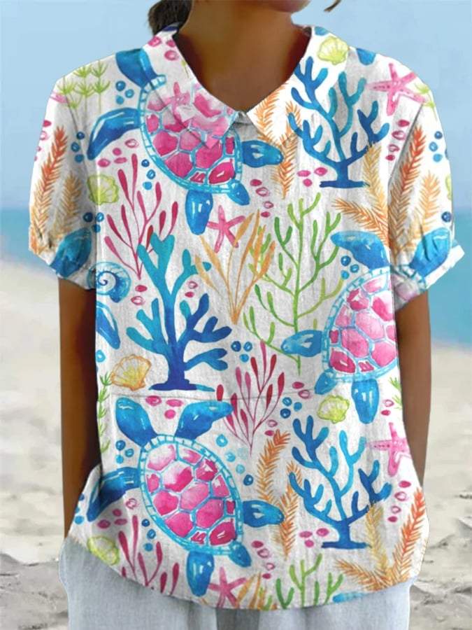 Women's Colourful Ink Coral Turtle Print Casual Cotton And Linen Shirt