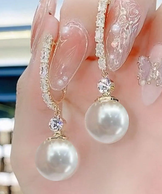 White Sterling Silver Overgild Zircon Pearl Drop Earrings