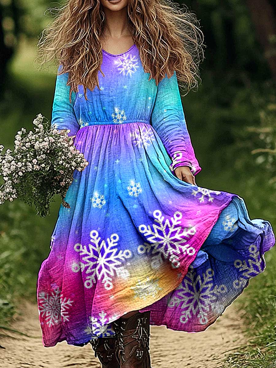 Women's Christmas Tree Pattern Cotton and Linen Dress