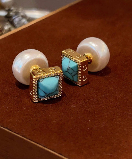 Colorblock Copper Overgild Turquoise Pearl Stud Earrings