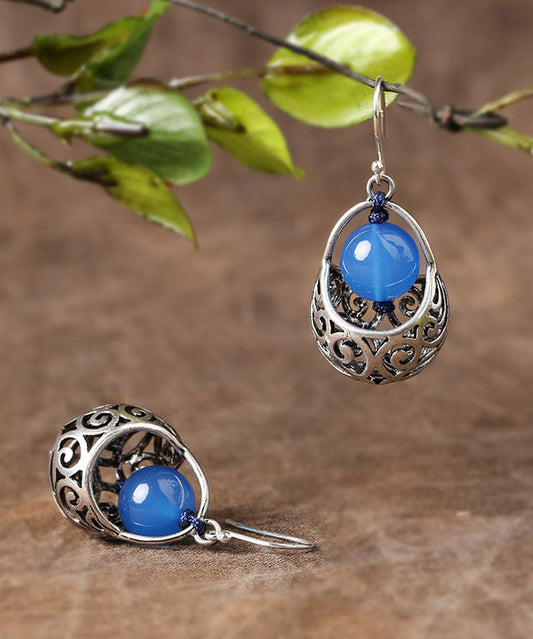 Blue Sterling Silver Agate Hoop Earrings