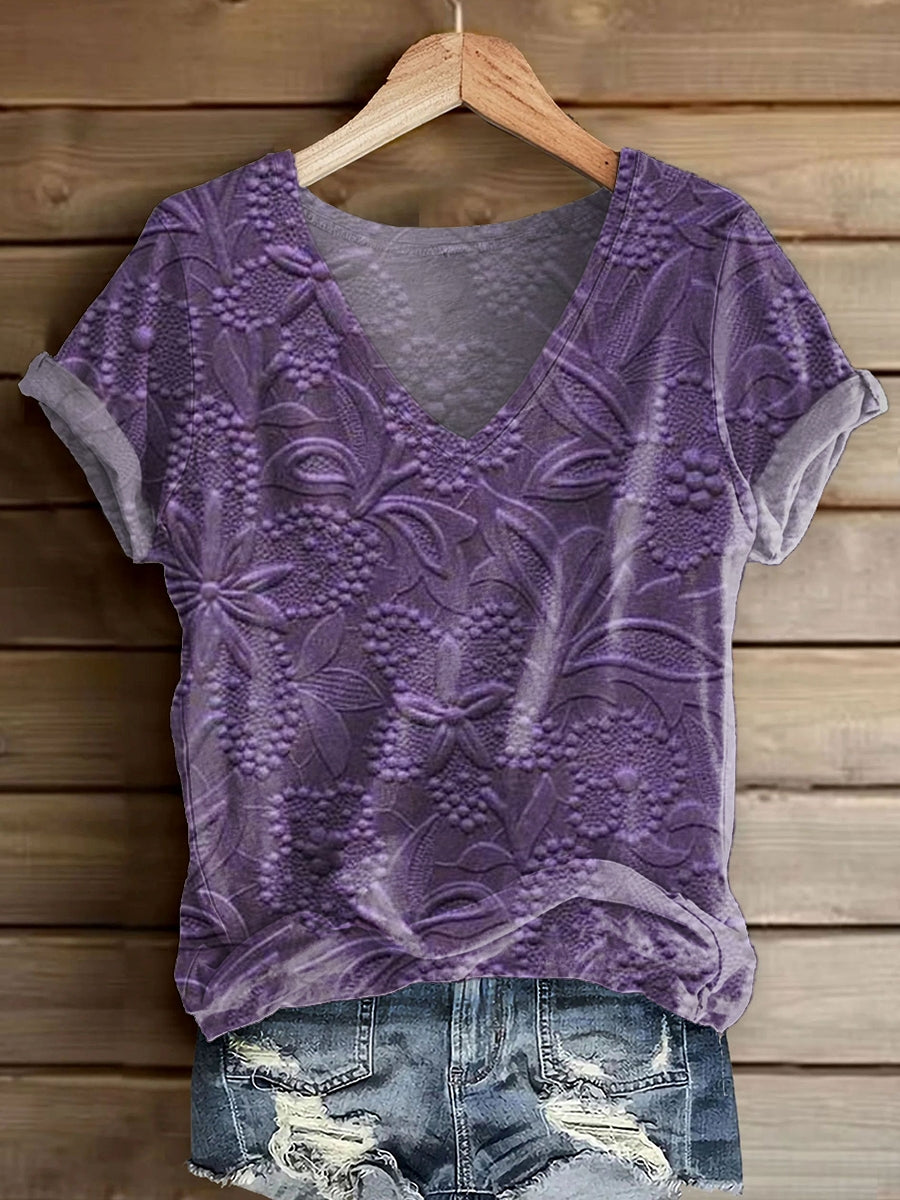 Women's Vintage Floral Textured Art Print V-Neck Cotton T-Shirt