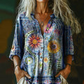 Comstylish Women's Vintage Bohemian Floral Print Casual Cotton And Linen Shirt