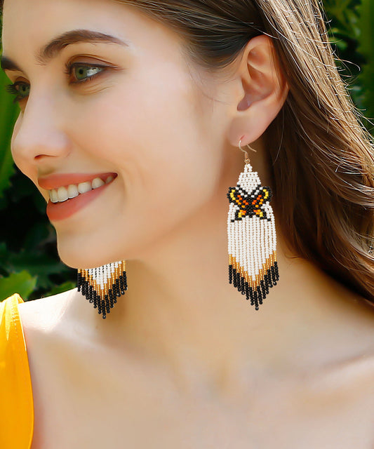 Diy Yellow Rice Ball Knit Fabric Butterfly Tassel Drop Earrings