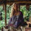 Comstylish Retro Bohemian Resort Patchwork Art Print Cotton And Linen Blend Loose Blouse