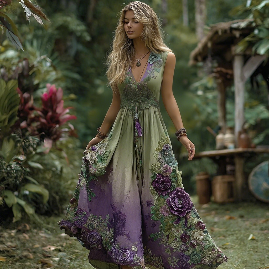 Vintage Purple Gilded Rose Embroidery Sleeveless V-neck Dress artswardrobe