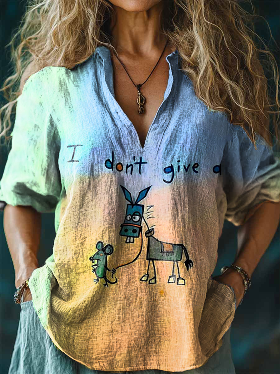 I Don’t Give A Funny Donkey Letter Print Casual Cotton Linen Shirt