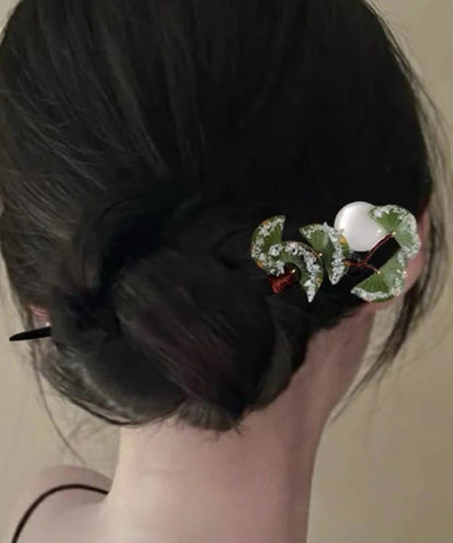 Brown Wooden Fan Transparent Beads Hairpin