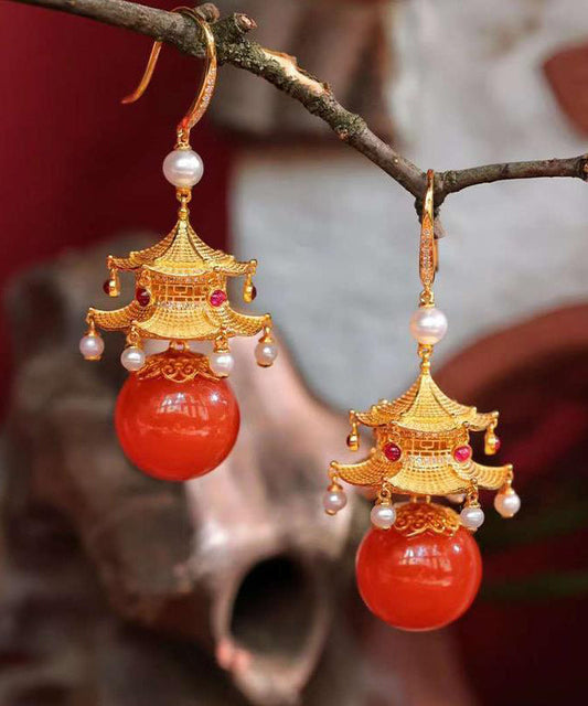 Red Sterling Silver Overgild Agate Pearl Pavilion Drop Earrings