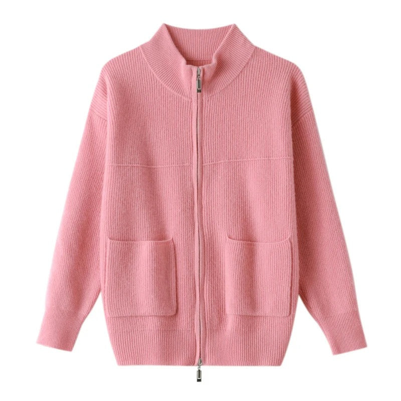 LM | Cozy knitted cardigan with stand-up collar and zipper