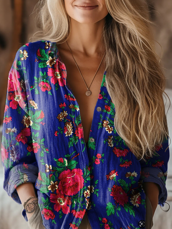 Women's Northeast China Flower Pattern Art Print Casual Cotton Shirt