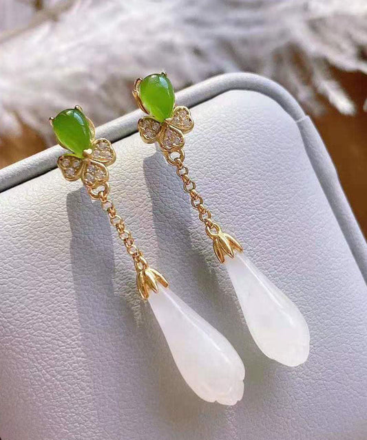 White Sterling Silver Overgild Jade Magnolia Drop Earrings
