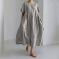 Comstylish Vintage Art Cat Embroidery Linen Crew Neck Dress
