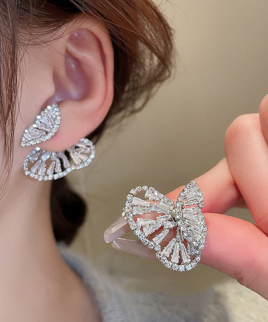 Silk Copper Zircon Hollow Out Butterfly Stud Earrings