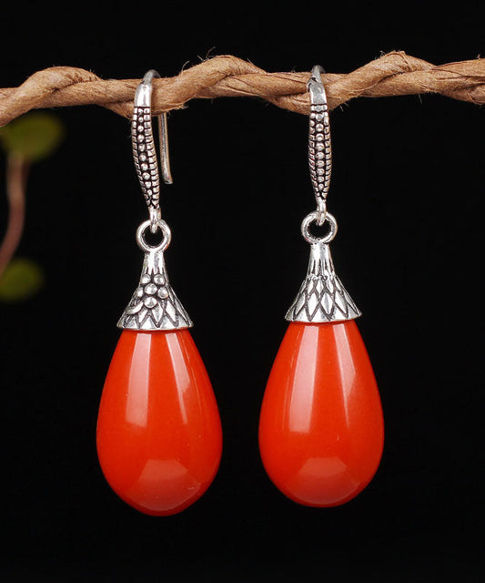 Red Sterling Silver Inlaid Gem Stone Water Drop Drop Earrings