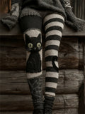 Comstylish Halloween Witch Black Cat Striped Contrast Cozy Leggings