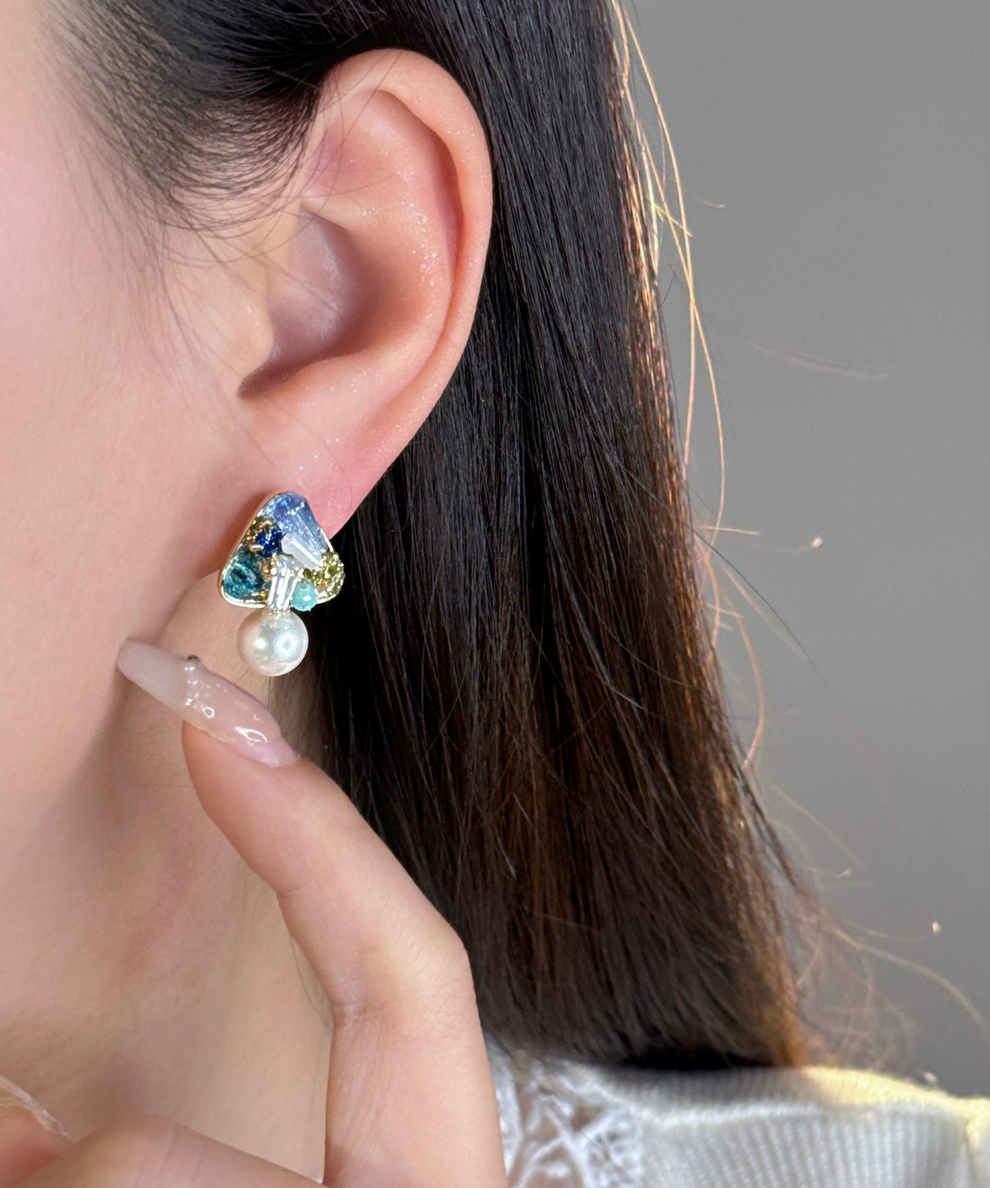 Handmade Light Green Copper Overgild Crystal Zircon Pearl Drop Earrings