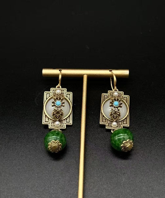 Green Ancient Gold Turquoise Safety Lock Pearl Drop Earrings