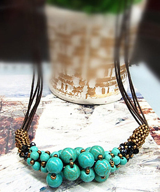 Retro Green Faux Leather Turquoise Gratuated Bead Necklace