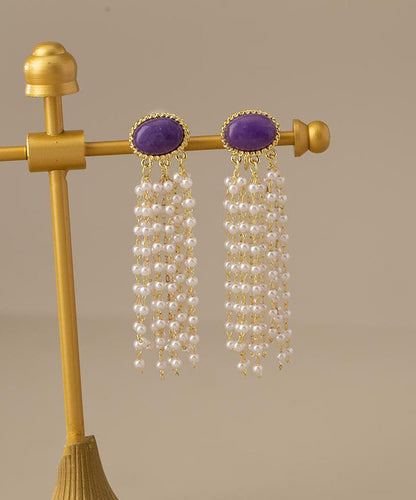 Purple Alloy Pearl Resin Tassel Drop Earrings