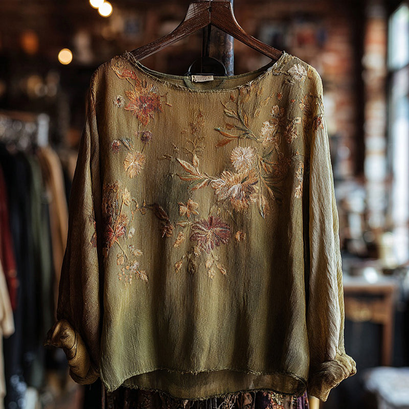 Women's Bohemian Floral Print Casual Linen Round Neck T-shirt elevenforest