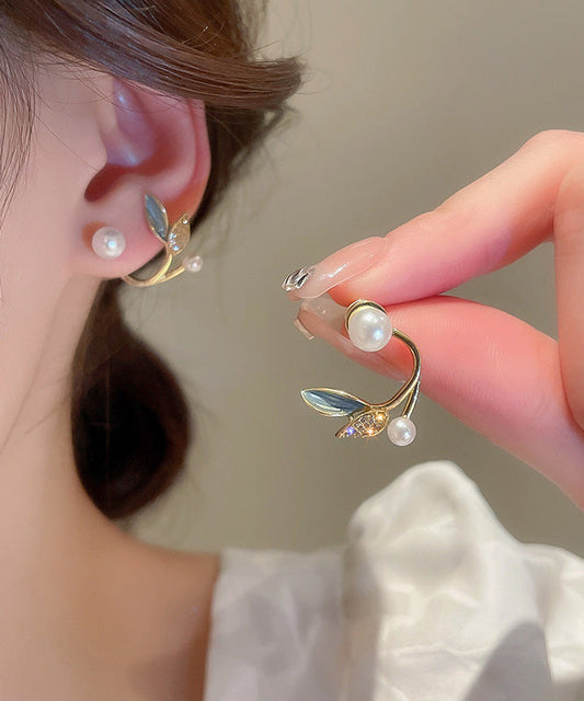 Gold Copper Overgild Zircon Pearl Leaf Hoop Earrings