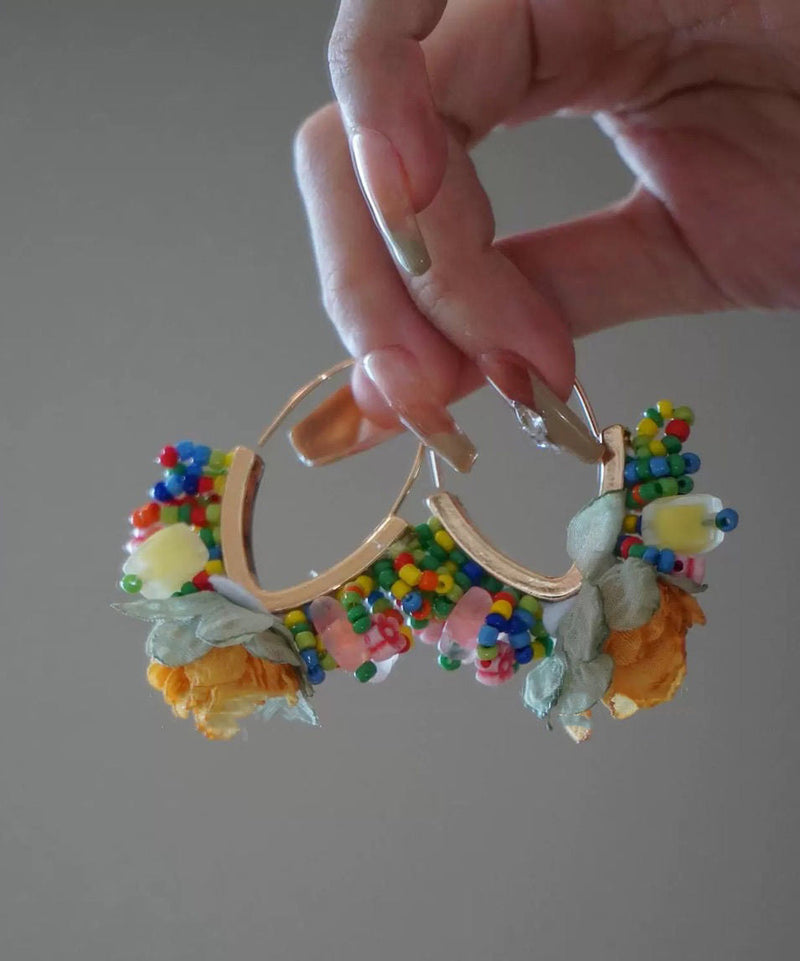Original Design Gold Copper Tulle Beads Hoop Earrings