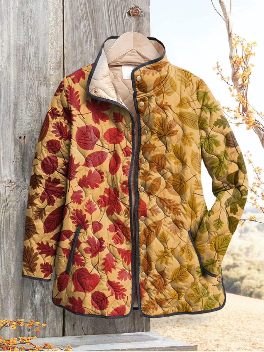 Gradient Fall Maple Leaf Pattern Printed Women's Casual Quilted Cardigan