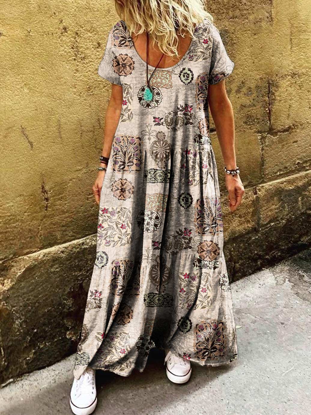 Women's Ethnic Tribal Art Floral Print Round Neck Short Sleeve Dress