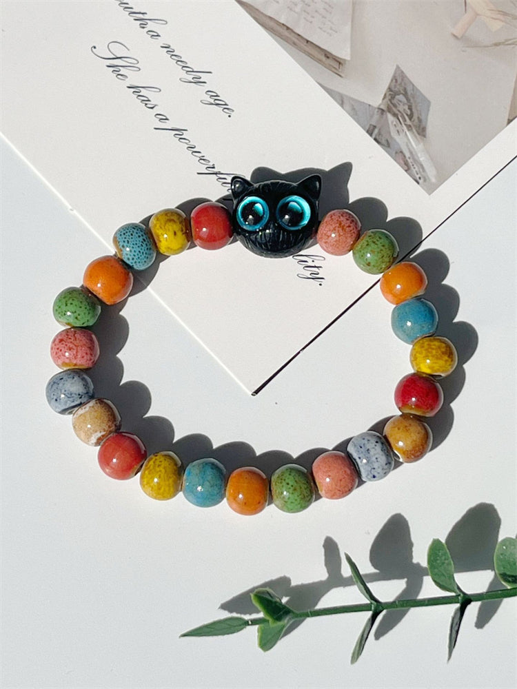 Comstylish Black Cat Colorful Ceramic Beaded Bracelet