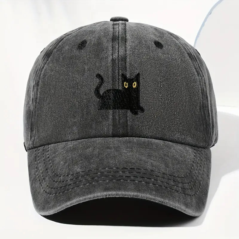 Japanese Art  Cute Black Cat Washed Sun Hat elevenforest