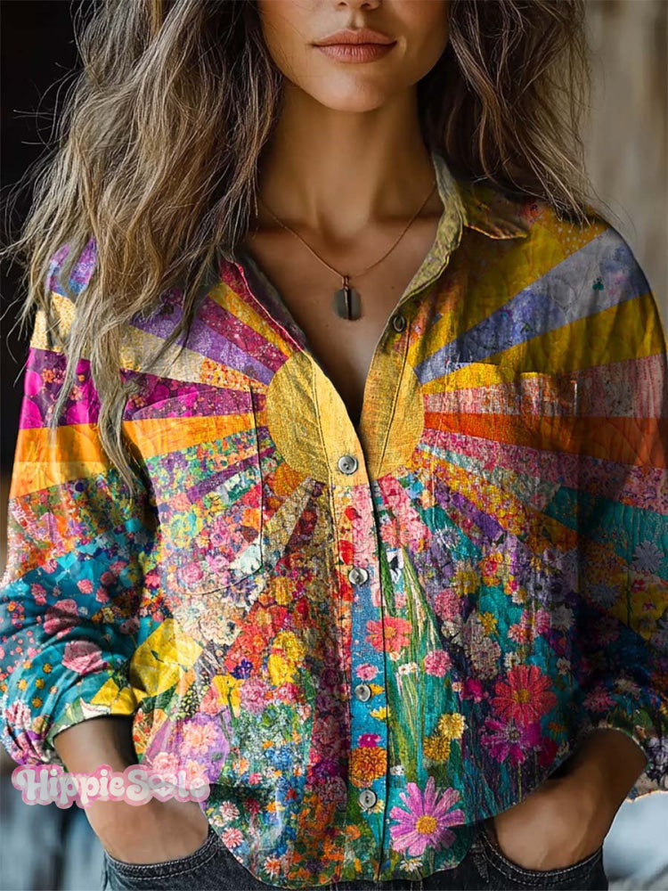 Women's Lovely Sun Floral Patchwork Pattern Art Print Casual Long Slee
