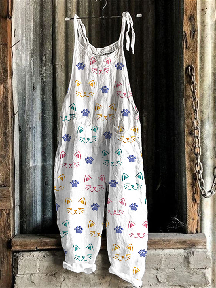 Cute Cat Embroidery Pattern Linen Blend Casual Jumpsuit elevenforest