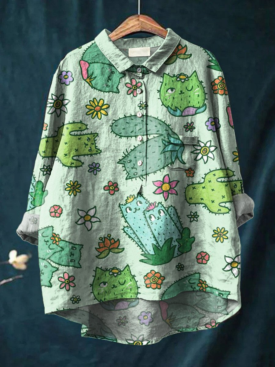Vintage Lovely Cats Floral Art Print Casual Cotton And Linen Shirt