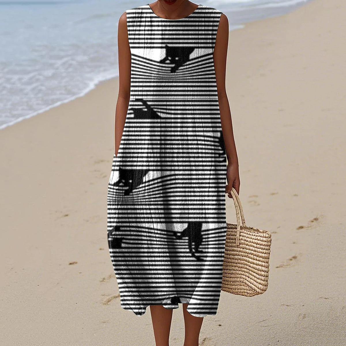 Women's Vintage Black Cats Stripes Art Print Sleeveless Dress artswardrobe