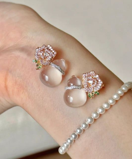 Nude Alloy Zircon Chalcedony Gourd Stud Earrings